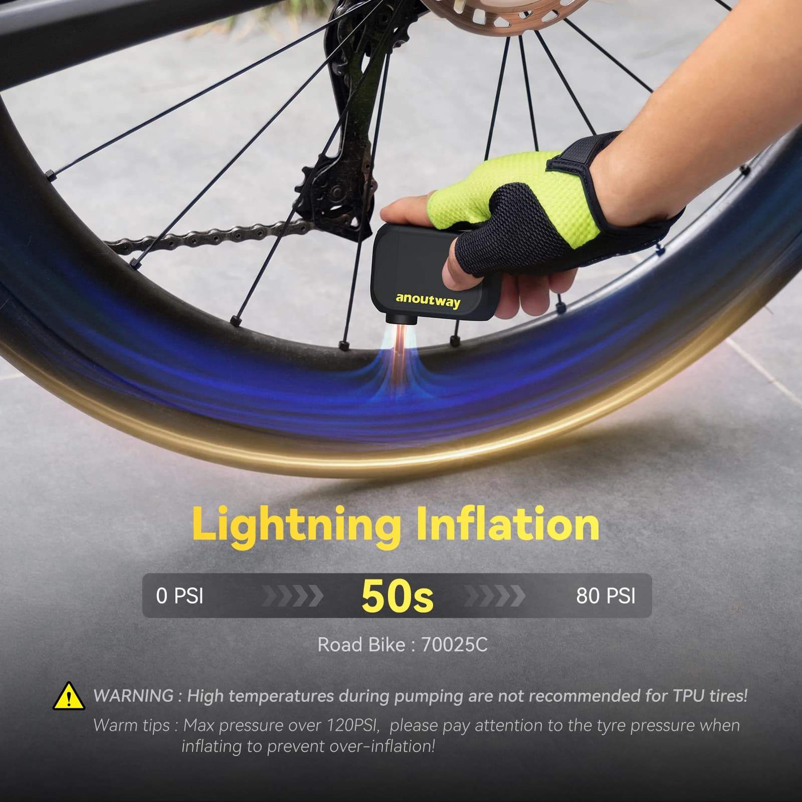Anoutway AT1 Compressore Elettrico per Gonfiaggio, Pompa per Bicicletta 120mAh Senza Fili, Valvola Schrader Presta, Accessori per Ciclismo