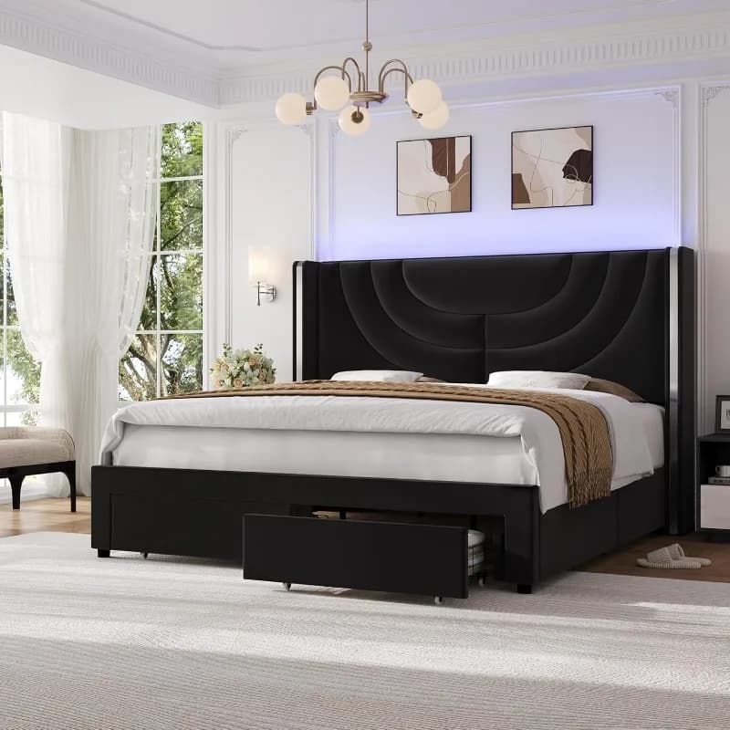 Letto matrimoniale HITHOS King imbottito con LED e 2 cassetti contenitore, letto a piattaforma in velluto con testiera a schienale alto, doghe in legno massello