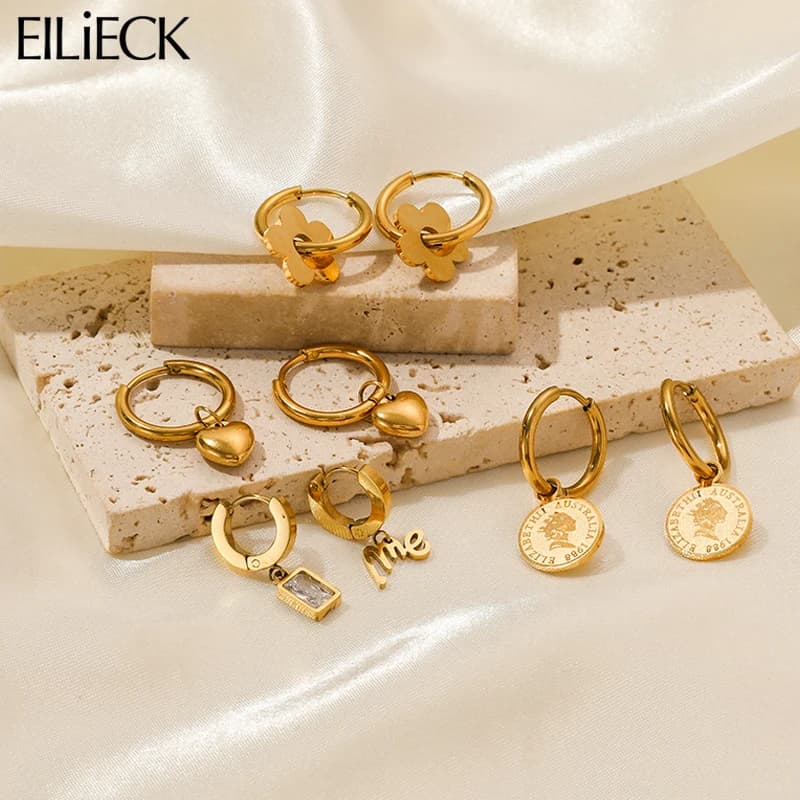 EILIECK Stainless Steel 316L Heart Bead Pink Flowers Hoop Earrings for Women Fashion Trendy Does Not Fade Gold Color Earrings Jewelry