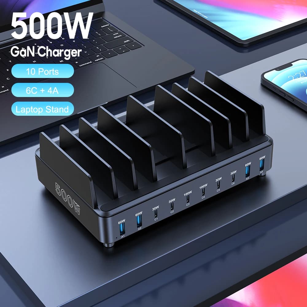 Caricatore universale multi USB C da 500 W PD 100 W Supporto da tavolo per telefono/tablet/laptop con ricarica rapida per iPhone Samsung