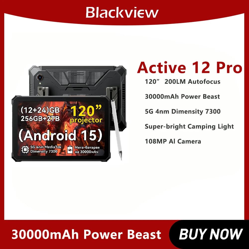 Blackview Robusto Proiettore Tablet 30000mAh Bettery 11 Pollici 16GB 1TB Active 12 Pro Pad Android 15 Dimensity 7300 Tablet Telefono
