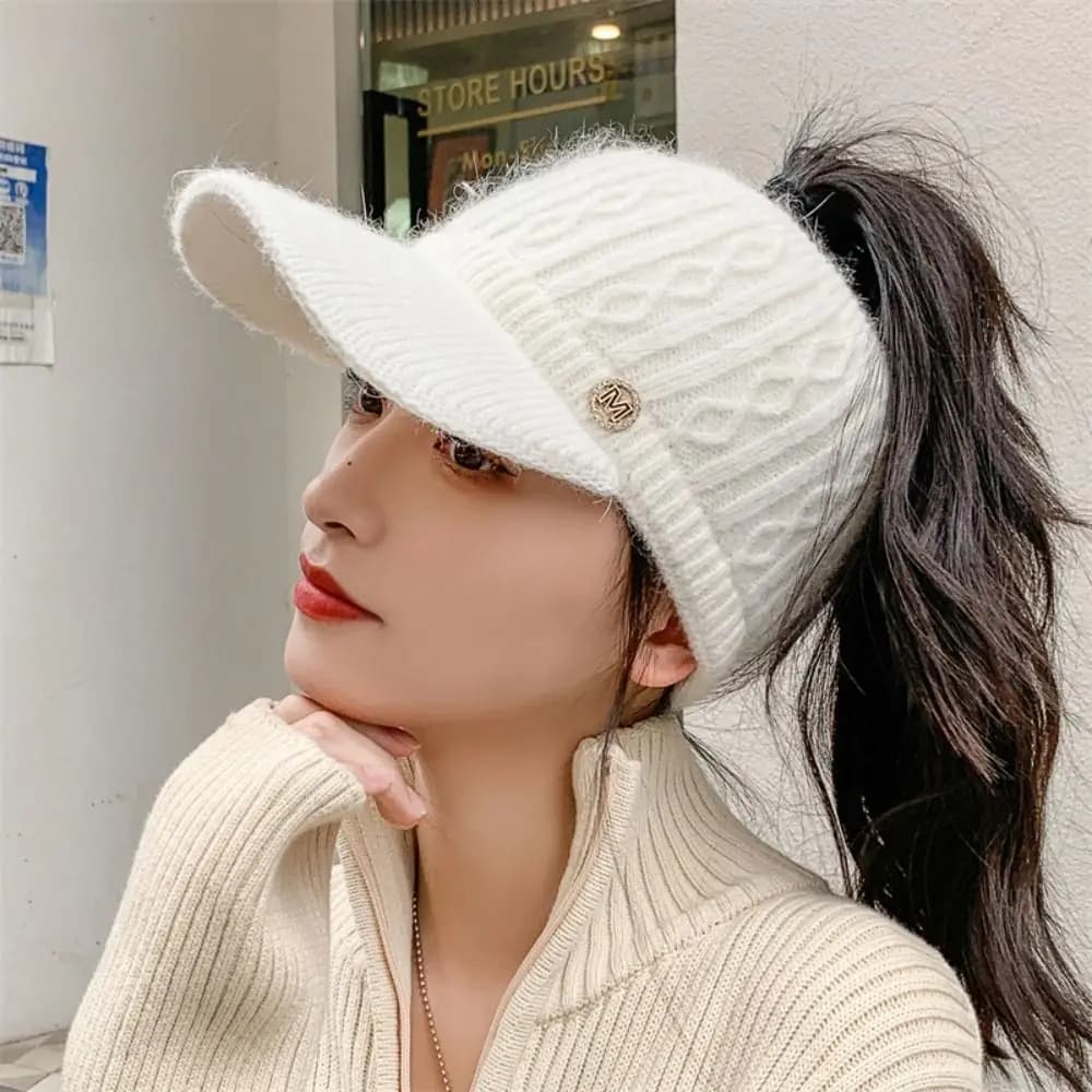 Women's Hats 2026 New Winter Hats Rabbit Knit Warm for Sports Open Golf Hat with Horsetail Baseball Hats Empty Visiera Hats 1 Piece