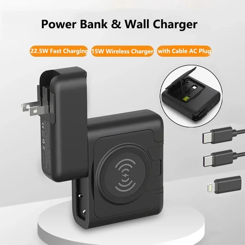 NEW Wireless Power Bank 5 in 1 22.5 W Quick Charging Powerbank with Cable Wall Charger with CA Plug for IPhone Huawei Xiaomi Poverbank