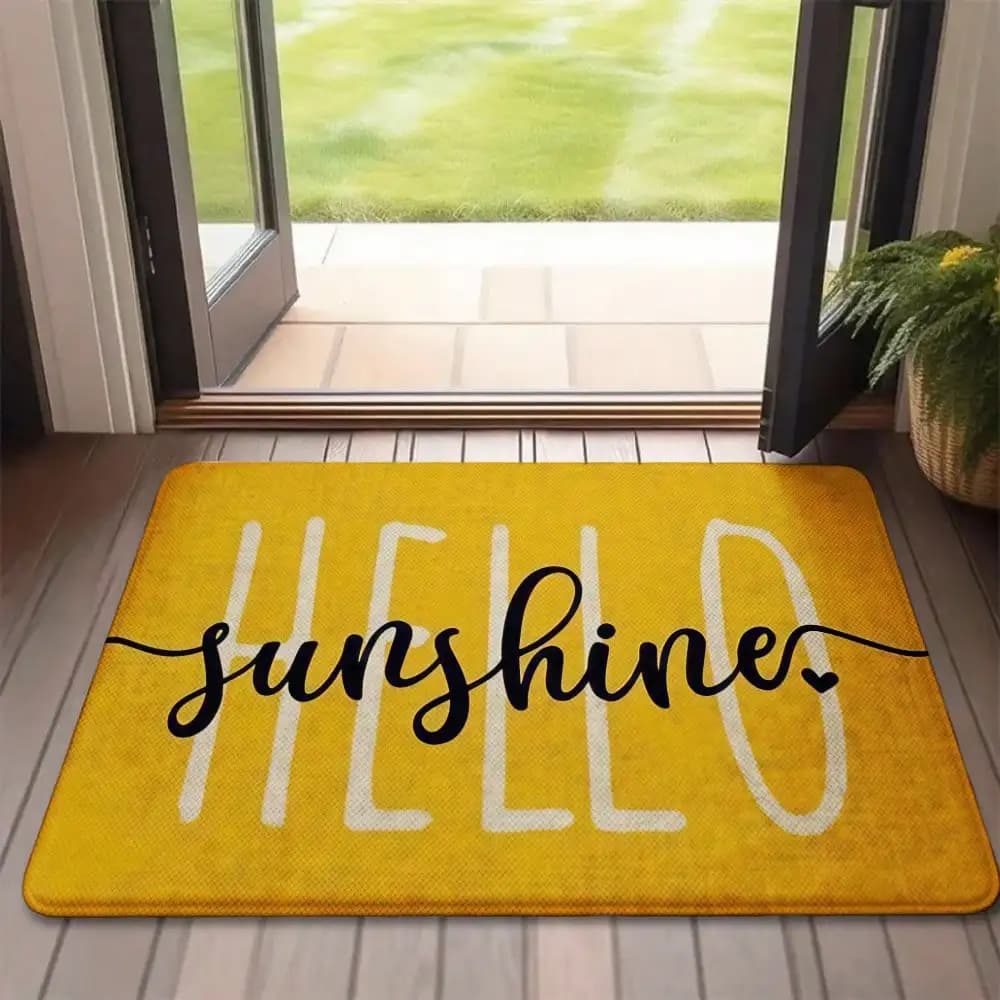 Yellow Hello Sunshine Typography Mat For Entryway, Front Door & Patio Non Slip & Absorbent