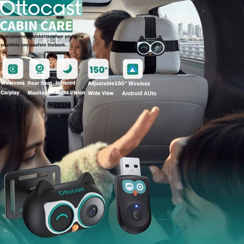 Ottocast Cabin Care Adattatore wireless CarPlay Telecamera per auto per bambini 1080P HD 150 ° Monitor per sedile posteriore con visione notturna grandangolare per auto al 98%.