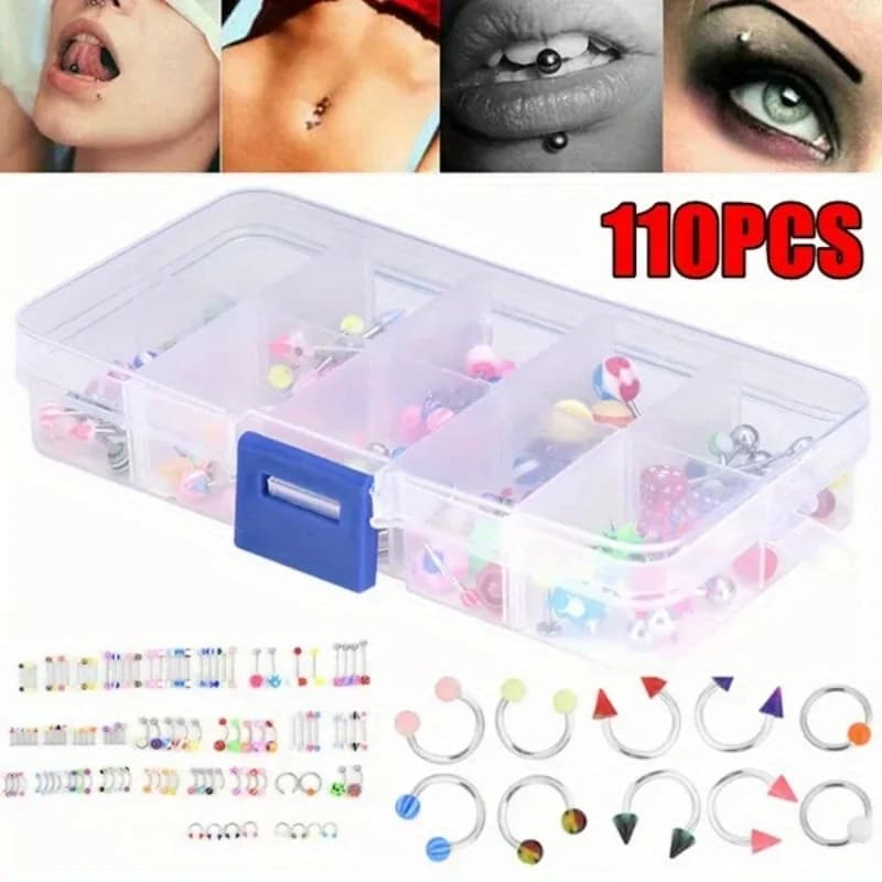 110 Pcs/set Stainless Steel Belly Button Piercing Jewelry Stud Tongue Nose Nails Lip Eyebrow Ring Body Piercing Decor