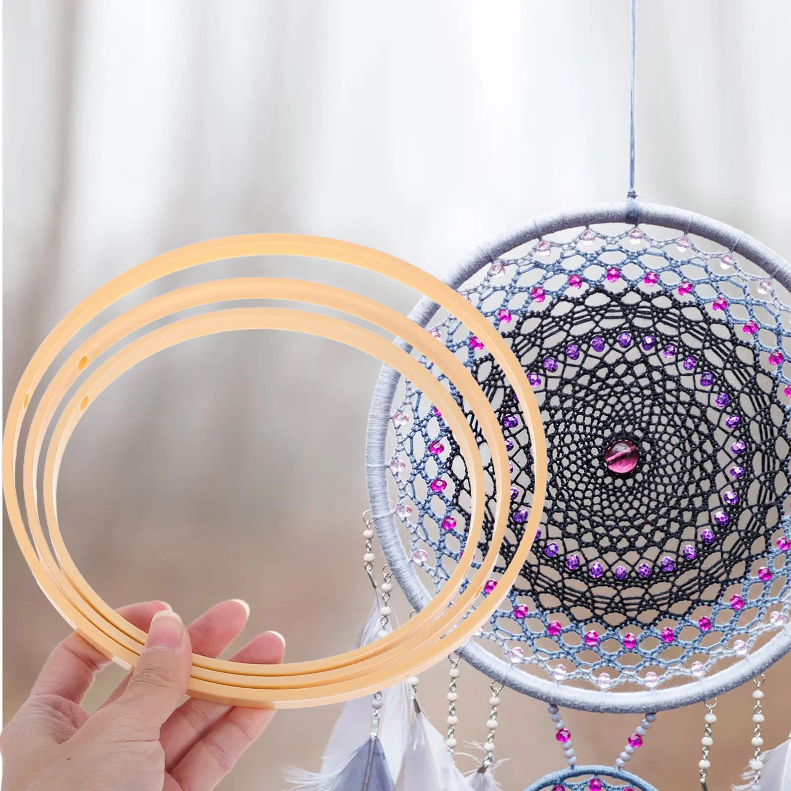 12Pcs Round Ring Wind Chime Frames Bamboo Look DIY Macrame Dream Catcher Rings Floral Wreath Craft Supplies Wedding Wall Hanging
