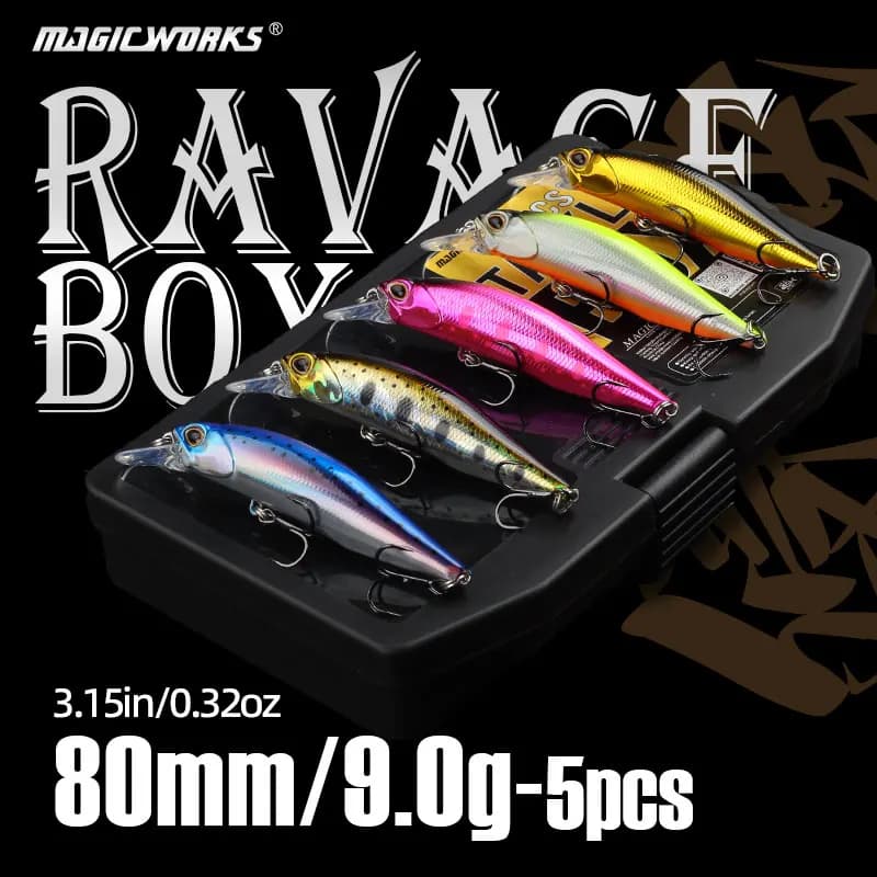 Set di 5 Esche Artificiali Magic Works Minnow, Jerkbait per Bass, Scatola di Esche da Pesca 80mm 9g, Wobbler per Luccio, Trota, Esche Sospese
