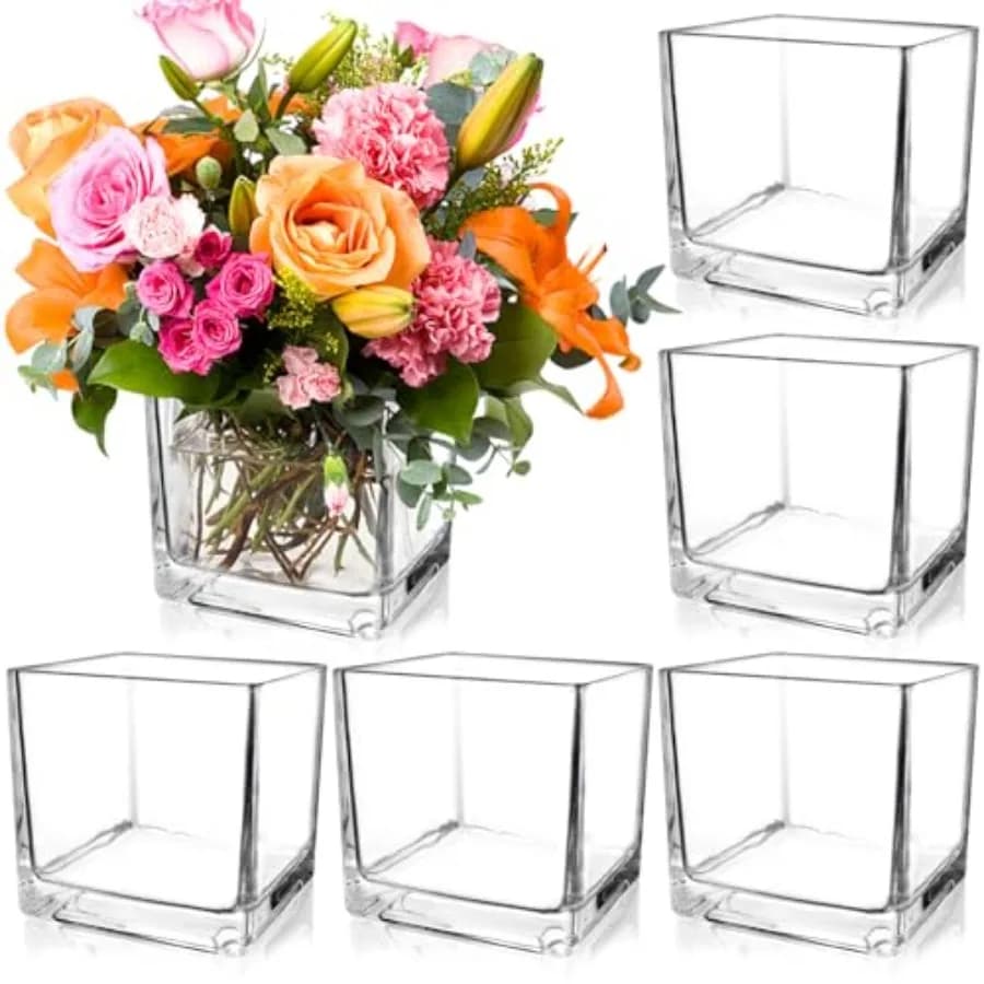 Set di 6 Vasi Quadrati in Vetro 5 x 5 x 5 Pollici, Vasi Trasparenti a Cubo per Centrotavola, Portacandele per Matrimoni, Feste e Decorazioni per la Casa