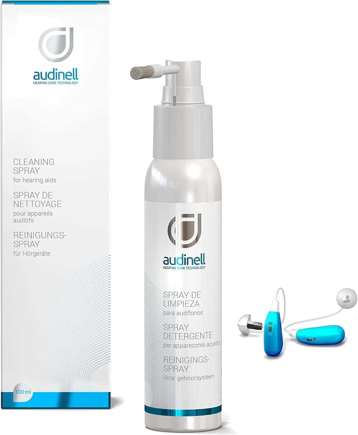Spray detergente (100ml) + Spazzola | Senza alcol | Dissolve cerume e sudore per apparecchi acustici, Airpods, auricolari