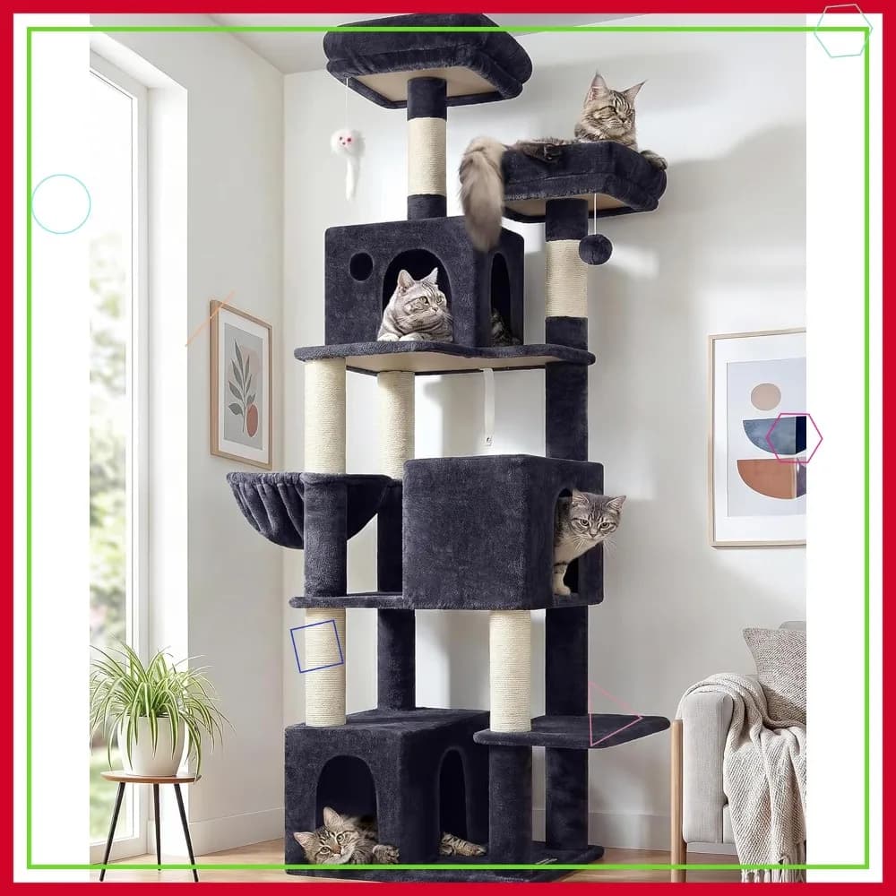 Torre per gatti da interno da 71 pollici per gatti adulti, multi-livello con 3 cuccette, posti per grattare, cestino sospeso extra large, grigio scuro