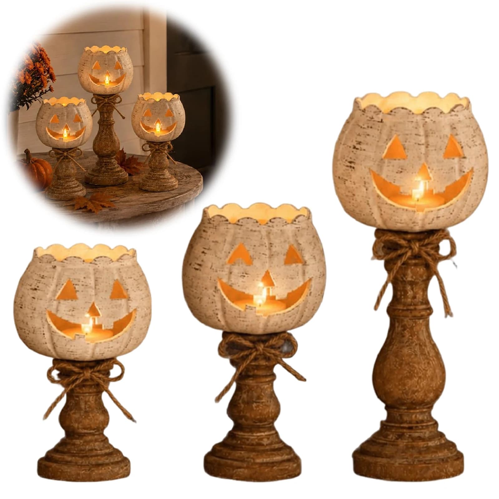 White Pumpkin Tea Light Candle Holder Set Rustic Wood Farmhouse Fall Halloween Thanksgiving