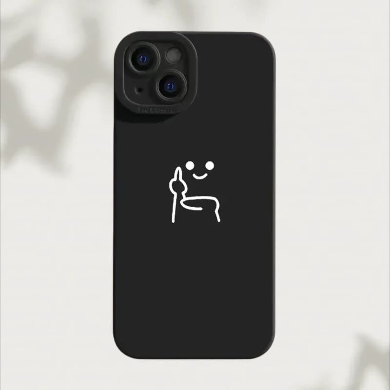 Custodia per telefono divertente con doodle, design minimalista a cartone animato, cover nera opaca per iPhone 16 17 15 Pro Max 14 13 12 11