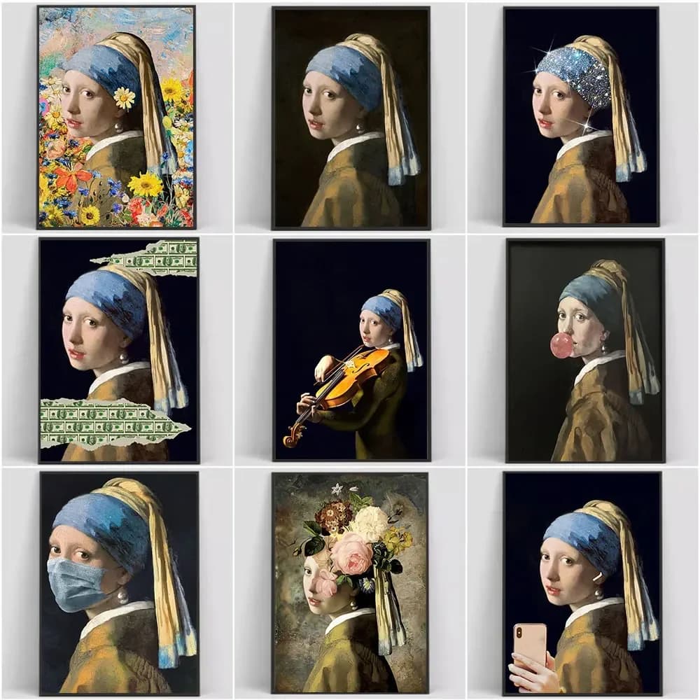 Famoso con orecchini di perle Ragazza poster e stampe Divertente carlino cane tela pittura immagine di arte della parete per soggiorno decorazioni per la casa regalo
