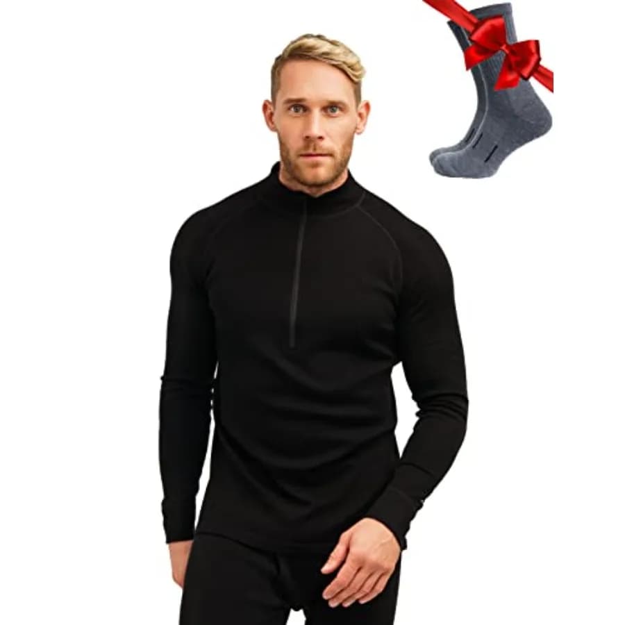 Merino Wool Base Layer Mens - Wool Half Zip Sweater Men - Merino Quarter Zip Sweater Lite Midweight Heavyweight and Socks