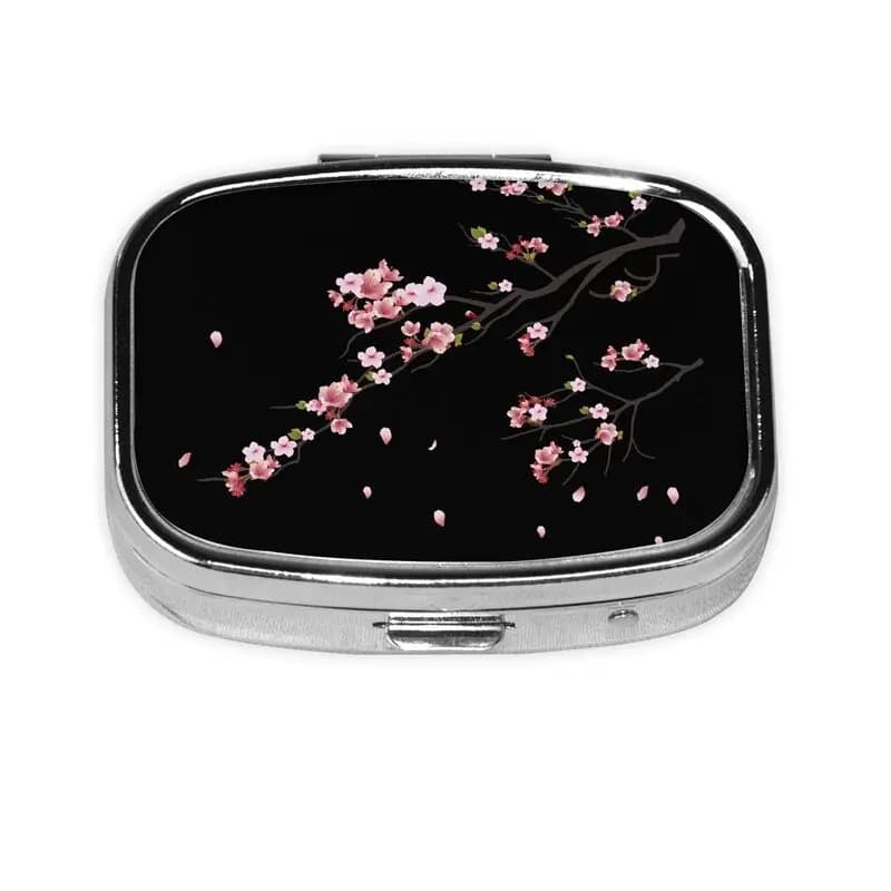 Portapillole rettangolare con fiori di ciliegio Sakura giapponesi, piccolo portapillole a 2 scomparti per borsa, contenitore portatile in metallo per vitamine