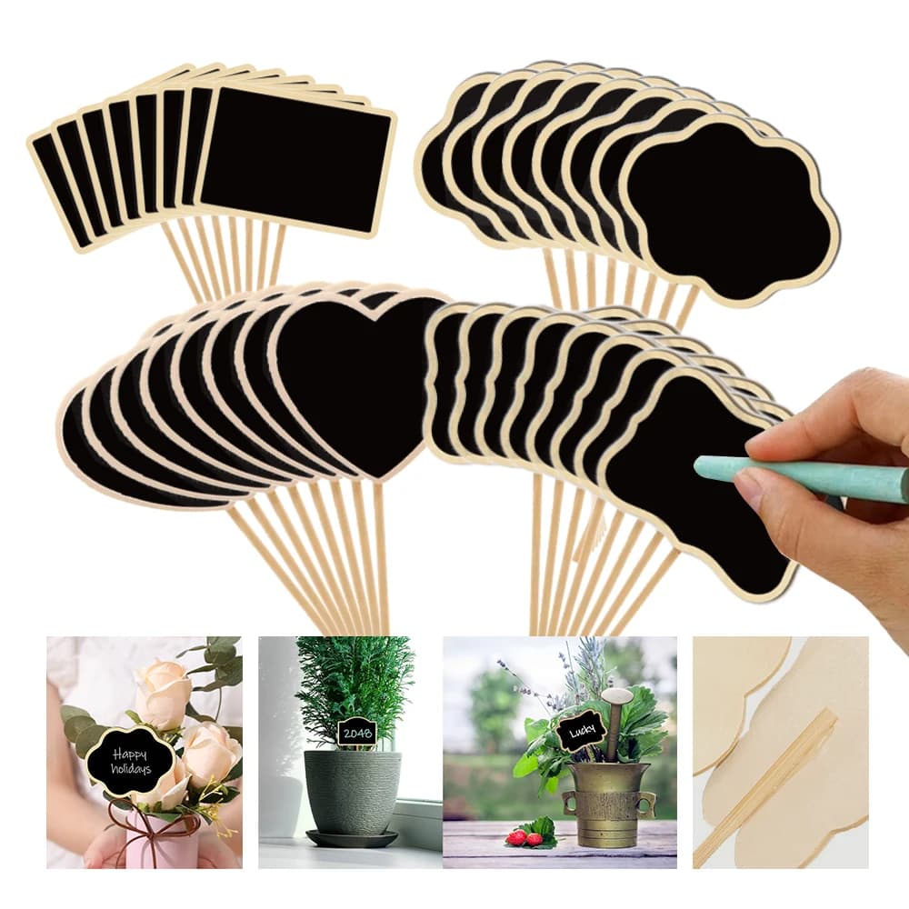 10 pieces Mini wooden board sign with pole label for garden plants black board label decorative seed flower pot ecological marker