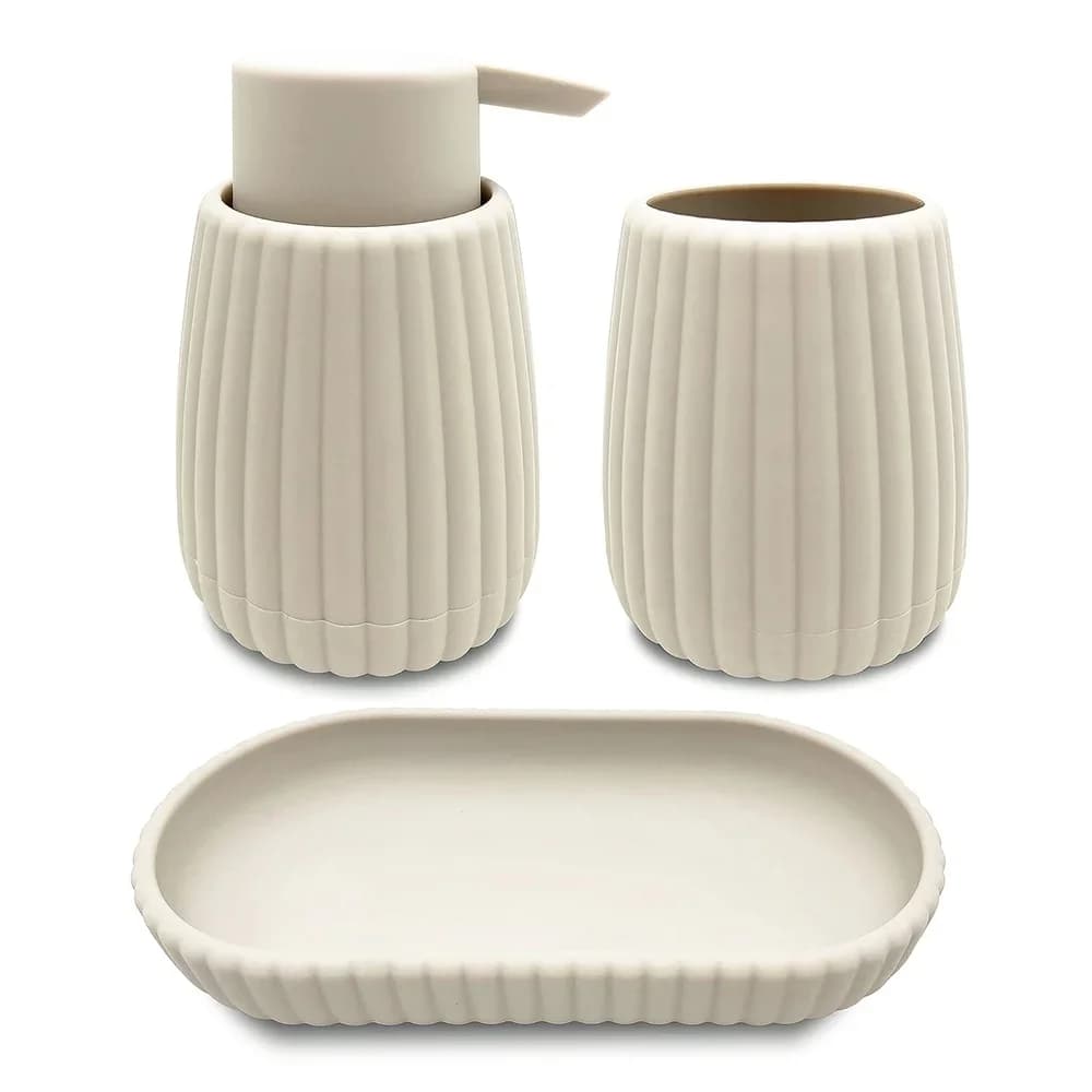 Set di 4 Accessori da Bagno in Plastica Gommata con Scanalature: Portaspazzolino, Dispenser Sapone, Cestino e Organizer - Arredo Bagno Durevole