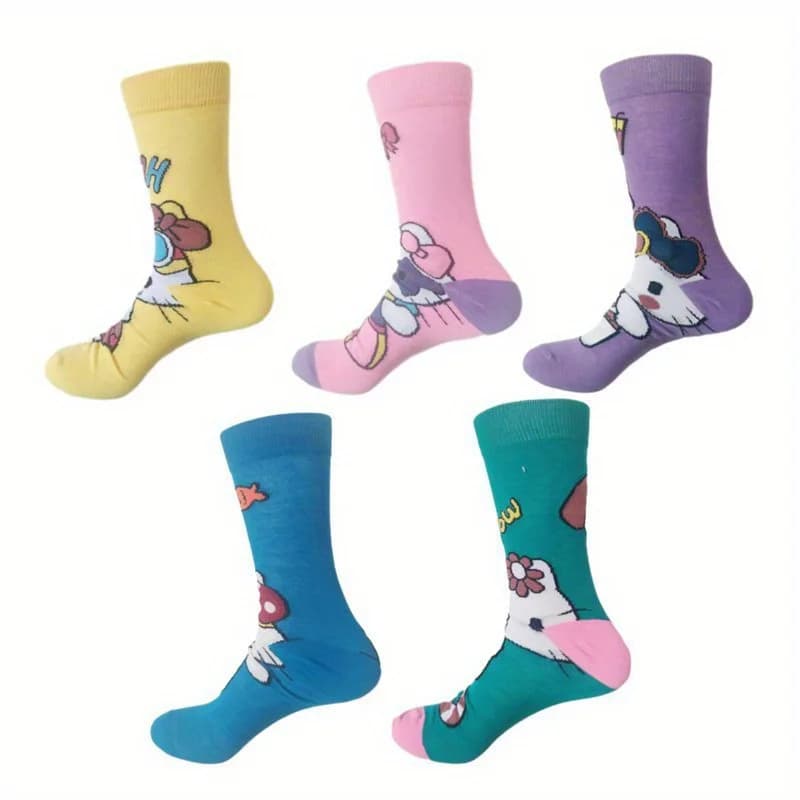 5 paia di calzini invernali da donna Cartoon Kitty's Life per la stagione autunnale ed estiva, calzini, caldi e alla moda, stile quotidiano