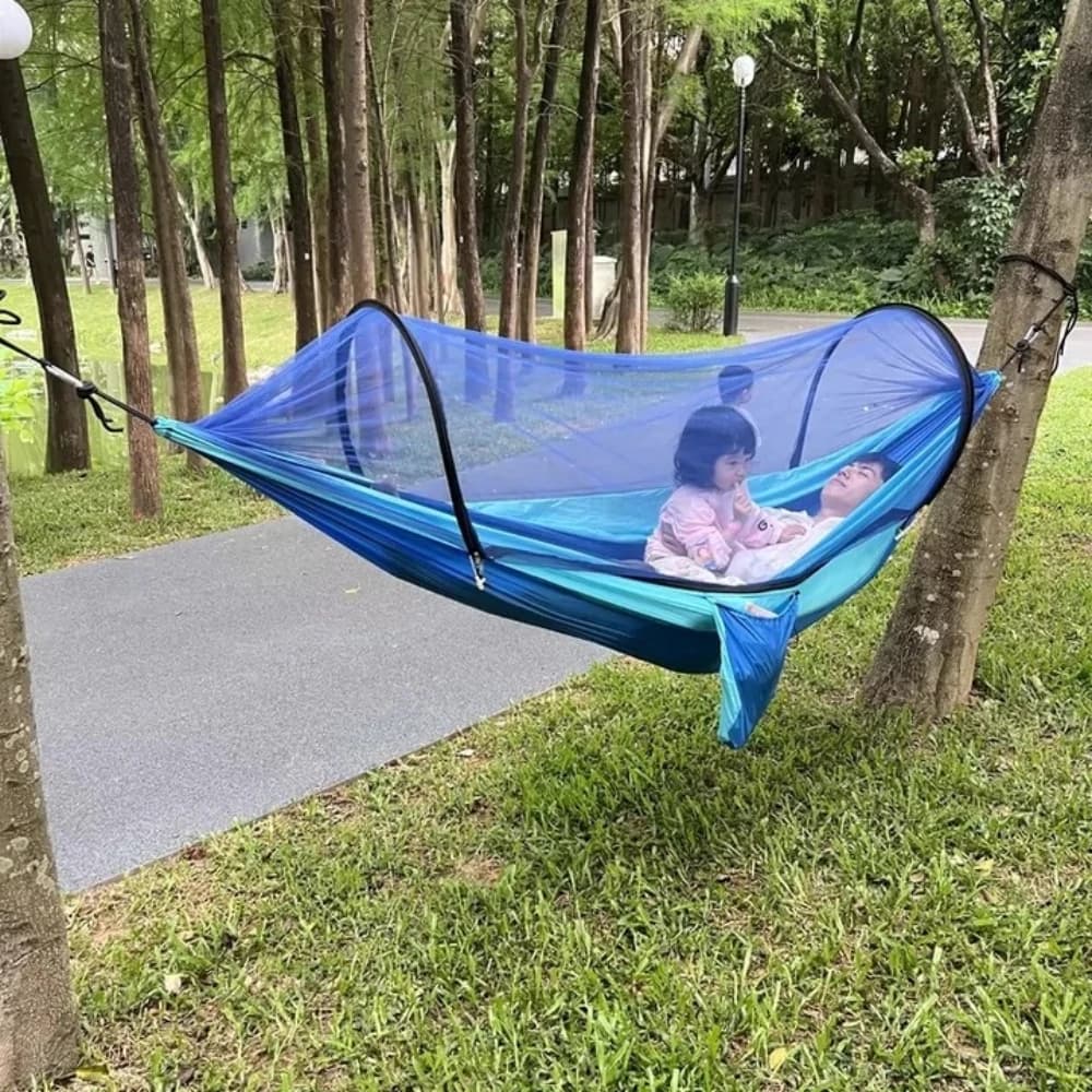 Amaca da campeggio pop-up con zanzariera integrata, letto sospeso con borsa per il trasporto per viaggi all'aperto, giardino e escursioni