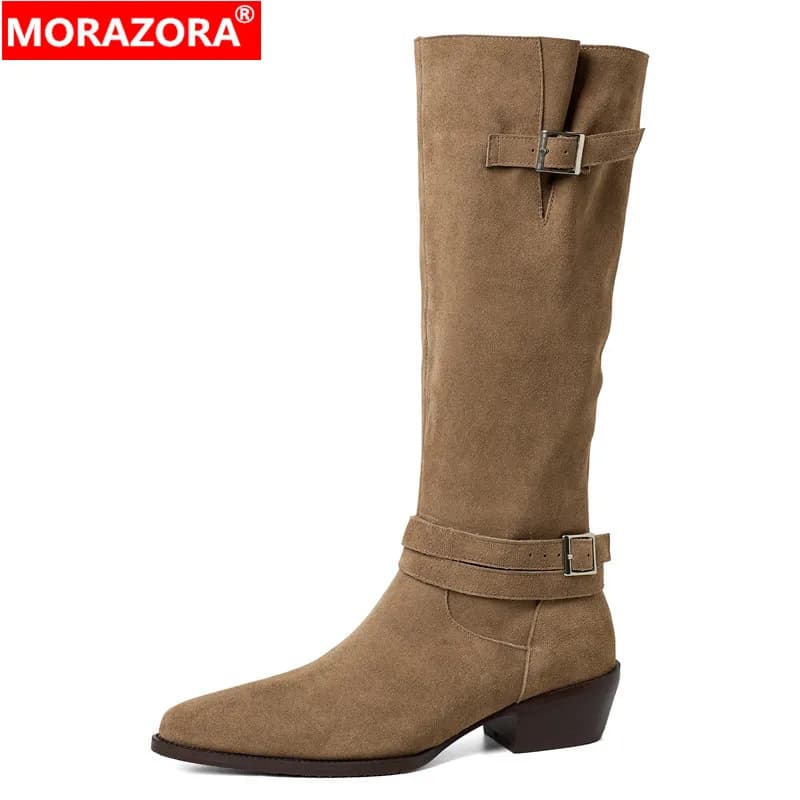 MORAZORA Size 34-43 Cow Suede Leather Knee High Boots Women Buckle Square Mid Heels Autumn Winter Motorcycle Boots Retro Shoes