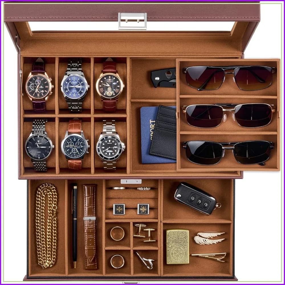 2-Layer Watch & Sunglasses Organizer with Lock, 6 Watch Slots & 3 Sunglass Slots, PU Leather & Velvet, Glass Top, Gift for Men - Brown