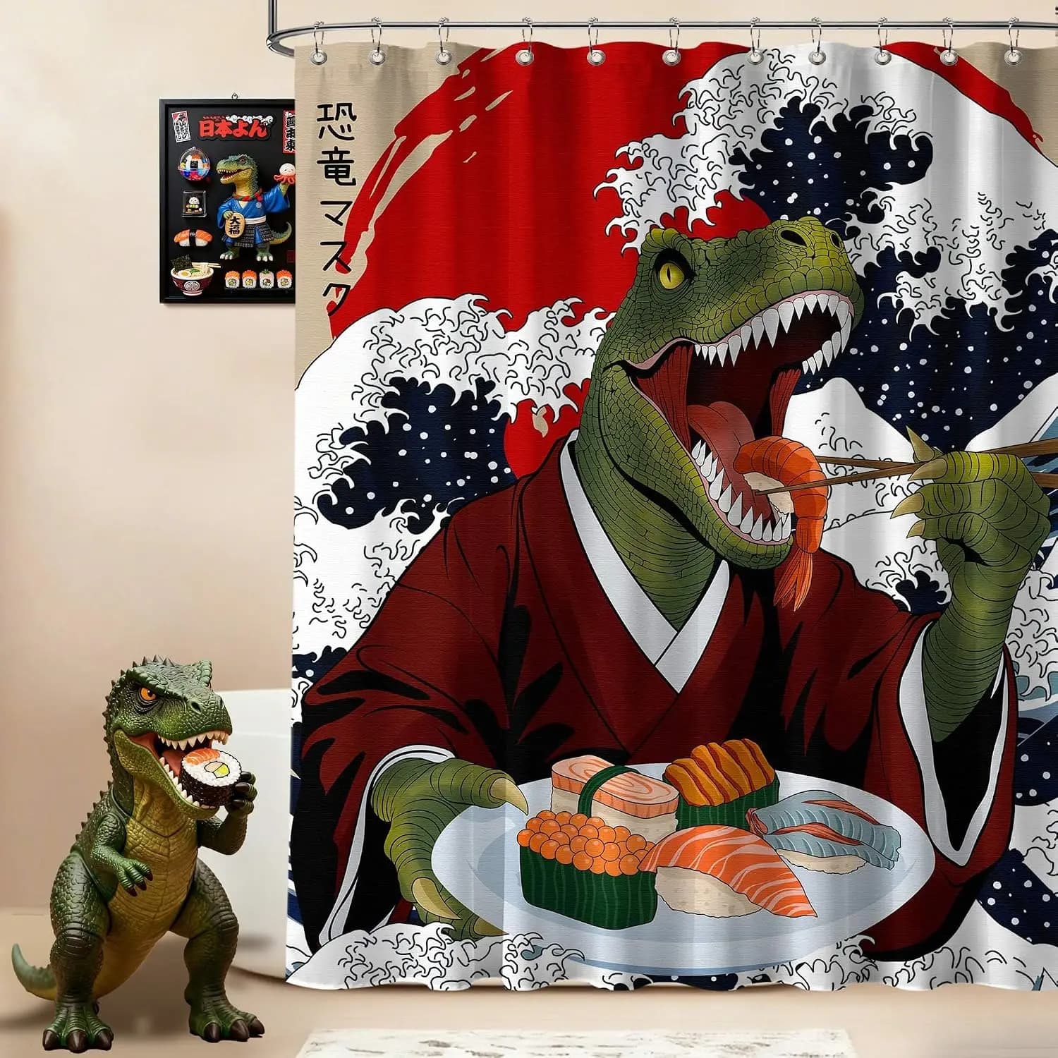 Anime Sushi Dinosaur Pattern Shower Curtain Waterproof Bathroom Decor Japanese Manga Style Pop Culture Liner Polyester