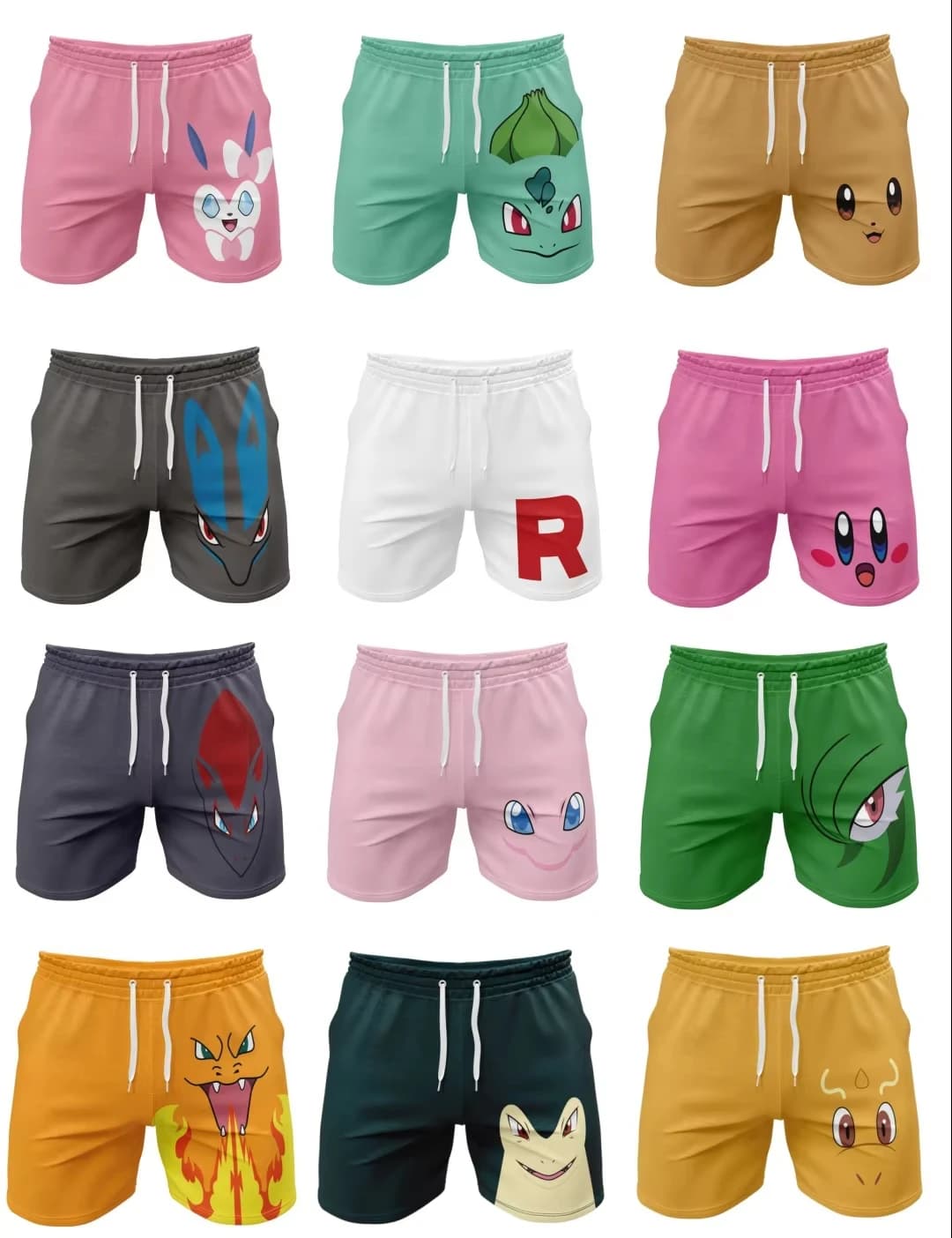 Pantaloncini da spiaggia senza tasche Pokemon 17 Style, costumi da bagno anime ad asciugatura rapida per bambini e adulti, pantaloncini casual estivi