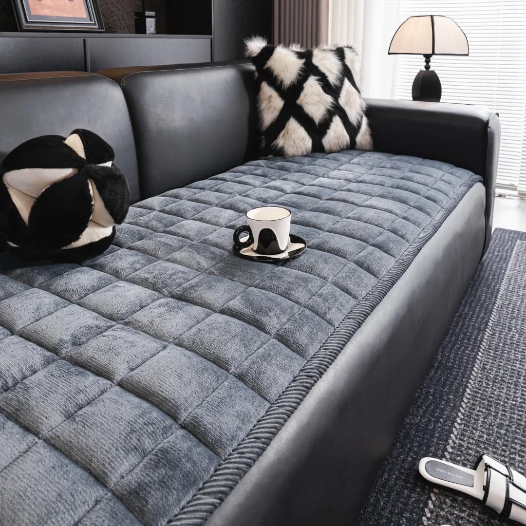 Thicken Squares Quilting Solid Sofa Cover, Delicate Wide Bording Sofa Pad with Filling Sofa Towel for Living Room Couches