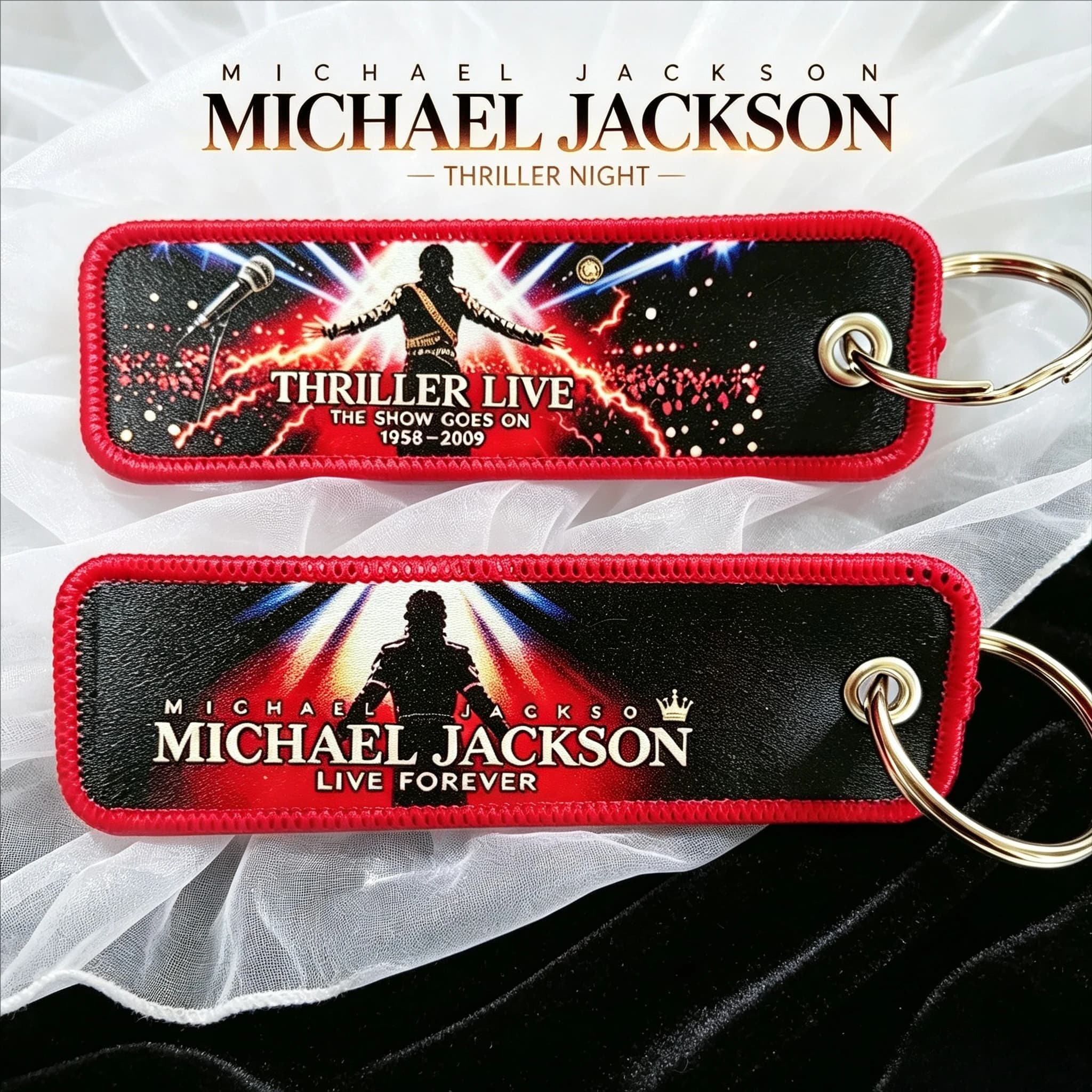 Michael Jackson Keychain Woven Label Tag Thriller Live Forever 1958 MJ Stage Silhouette Backpack Charm for Fans Collectible Gift