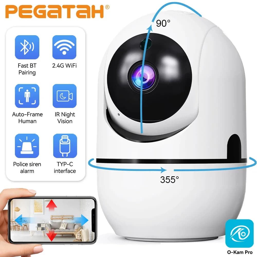 Telecamera di sicurezza domestica intelligente PEGATAH 2K 360 ° Monitoraggio automatico PTZ Rilevazione AI Visione notturna Sorveglianza di sicurezza Baby Monitor