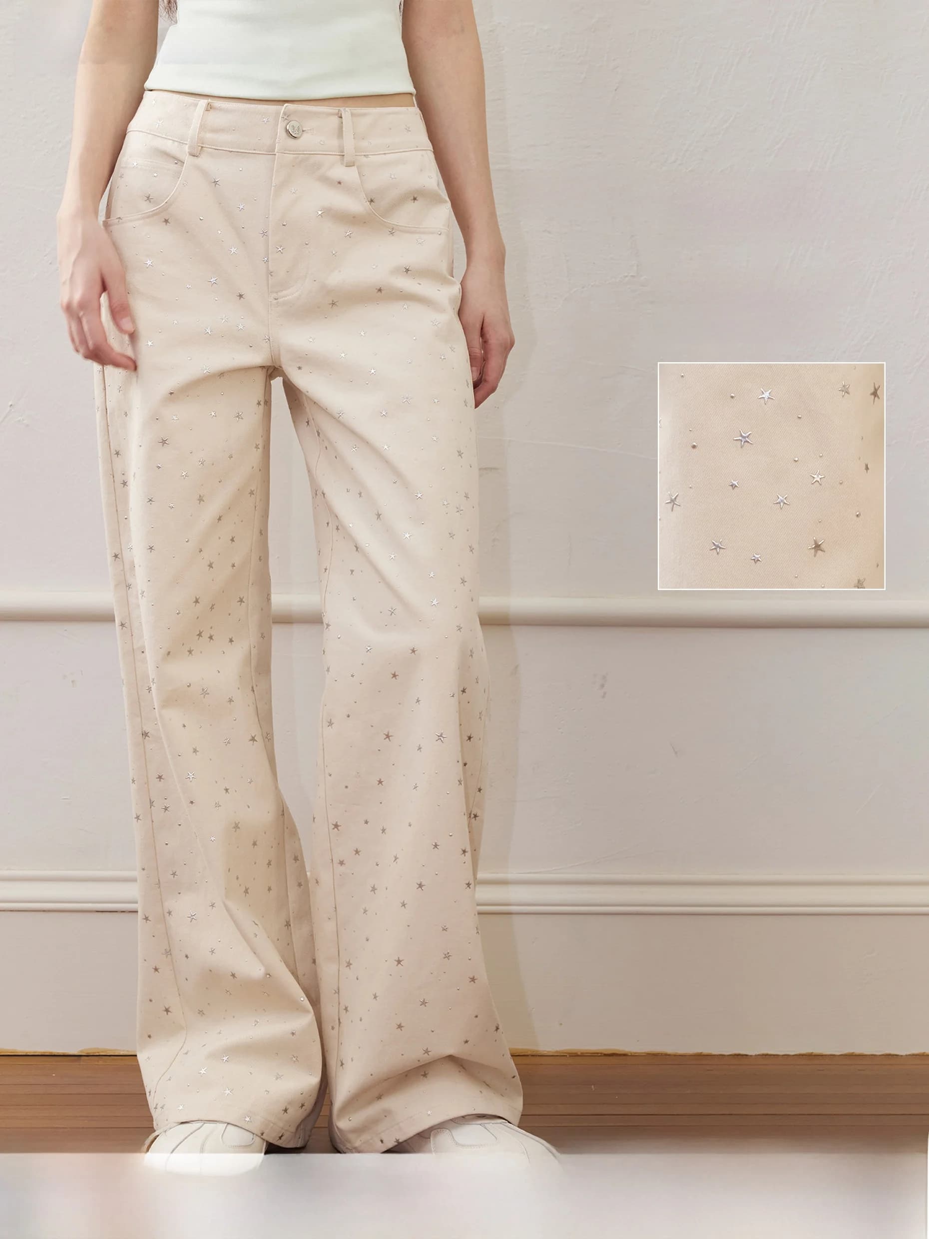 Umoumo Casual Pants Polka Dot Straight Leg Loose Fit Slimming High Waist Button Cotton Summer Collection for Girls