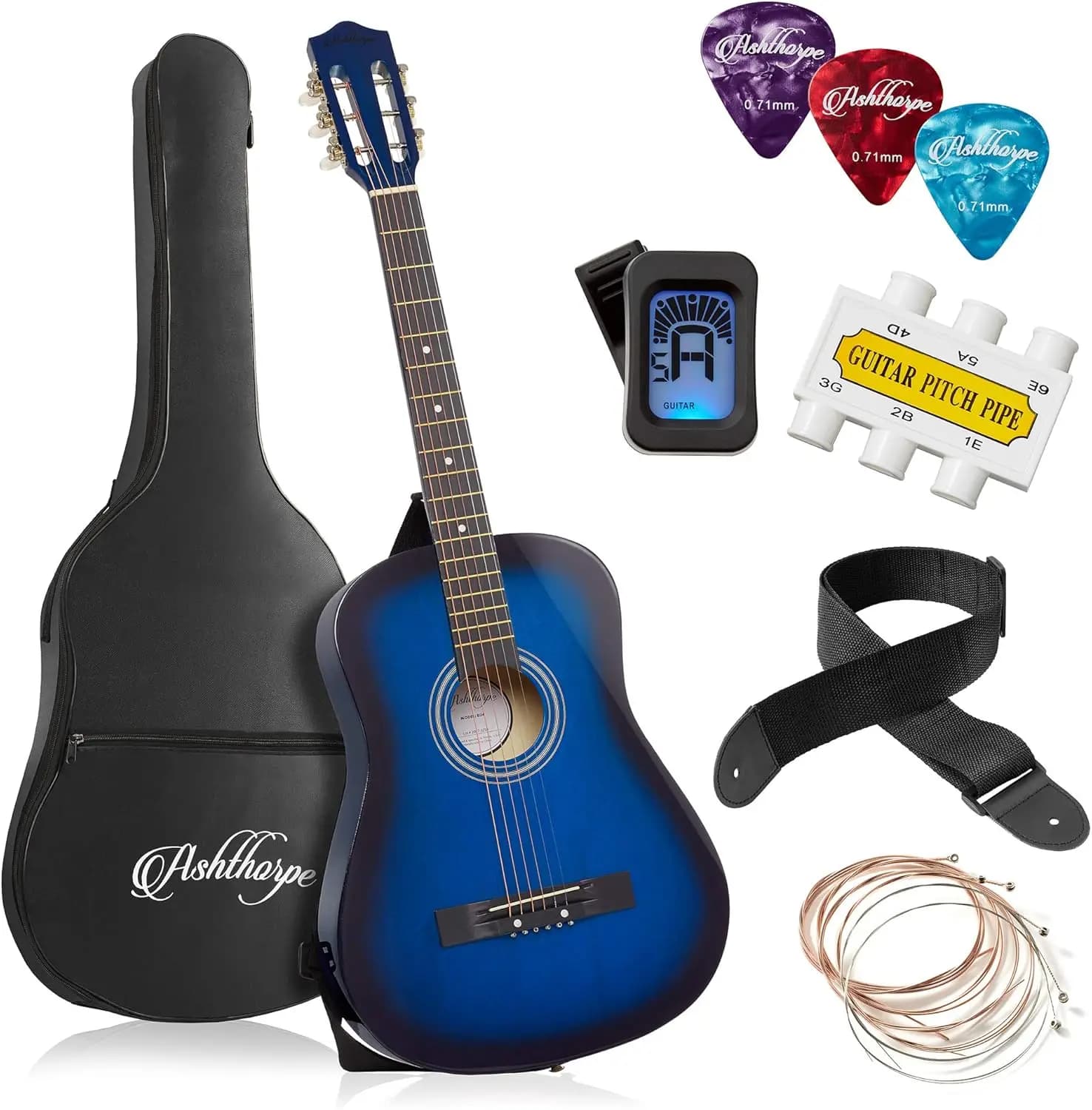 Kit per Chitarra Acustica per Principianti da 38 Pollici con Borsa, Accordatore, Plettri, Tracolla e Corde