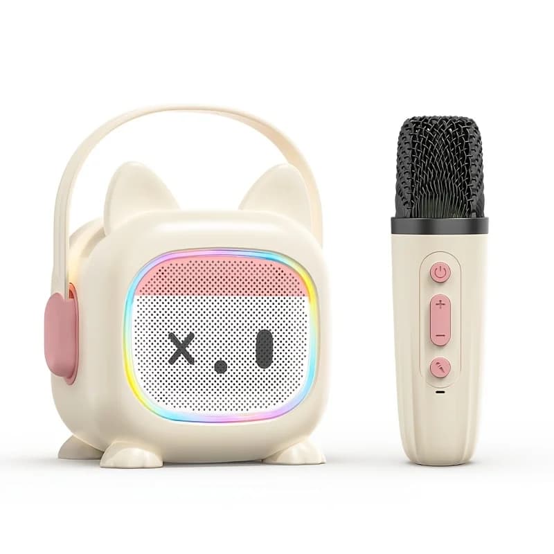 Mini wireless karaoke speaker with 2 wireless microphones, LED color lights, portable KTV player,