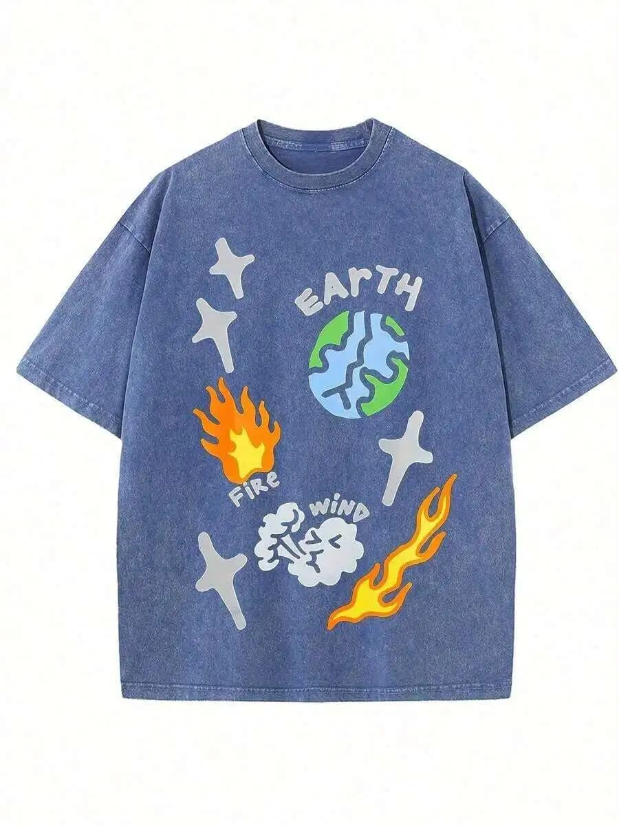 Oversized Denim Cotton T-Shirt With Earth Fire Wind Graphic Print Streetwear Loose Fit Tee
