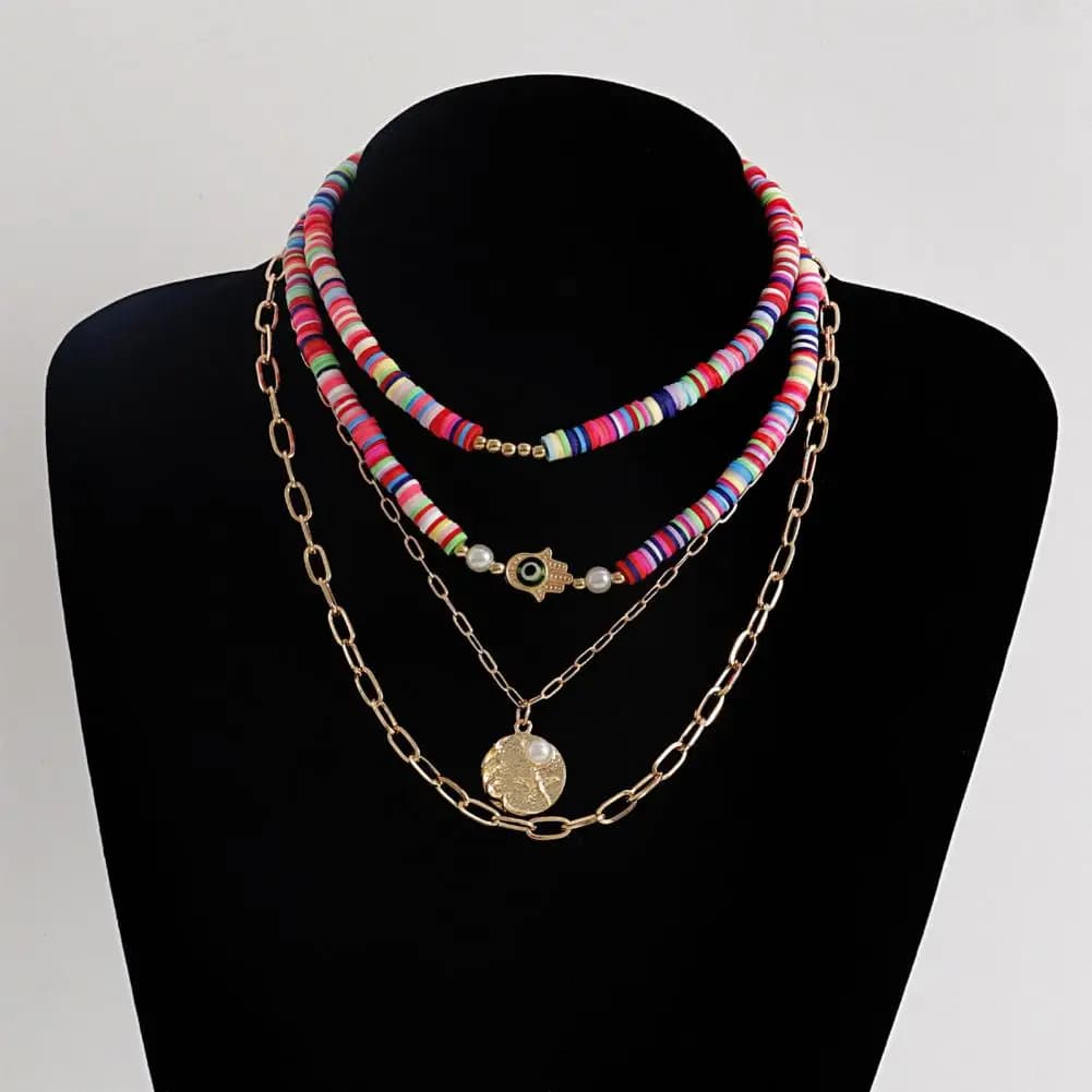 Exquisite Polymer Clay Jewelry Boho Layered Turquoise Necklaces for Women Soft Pottery Devil's Eye Jewelry Colorful for Party