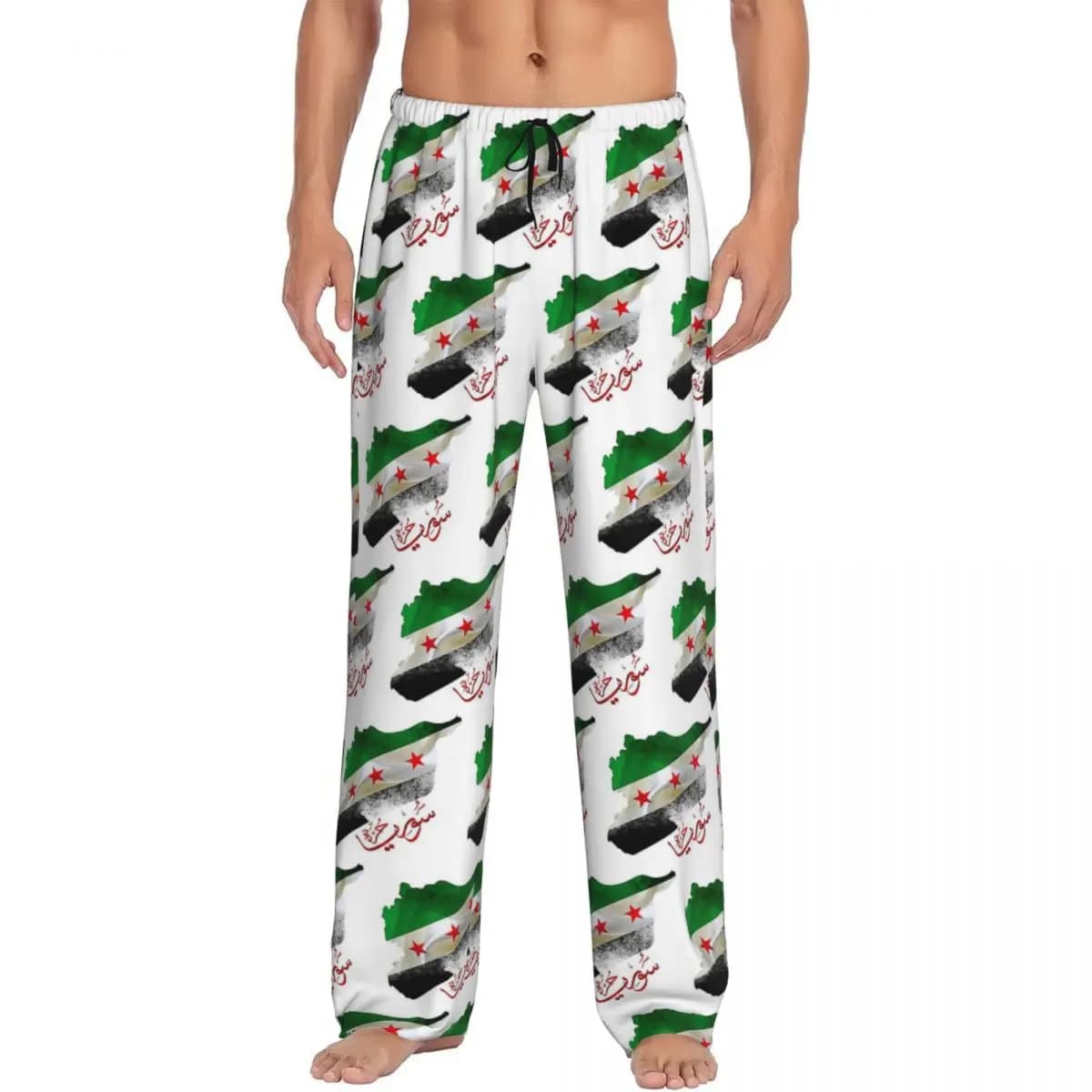 Pantaloni Pigiama Personalizzati con Bandiera e Mappa della Rivoluzione Siriana, Calligrafia dell'Indipendenza Siriana, Abbigliamento da Notte per Uomo con Tasche
