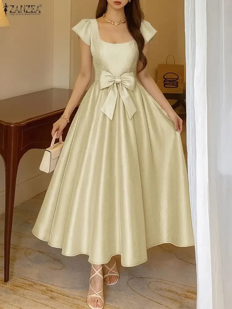 2025 ZANZEA Donne Eleganti Abiti Maxi In Raso Elegante Vestito Da Partito Collo Quadrato Solido A Vita Ombrello Vestito Estivo Veste Femme Abiti