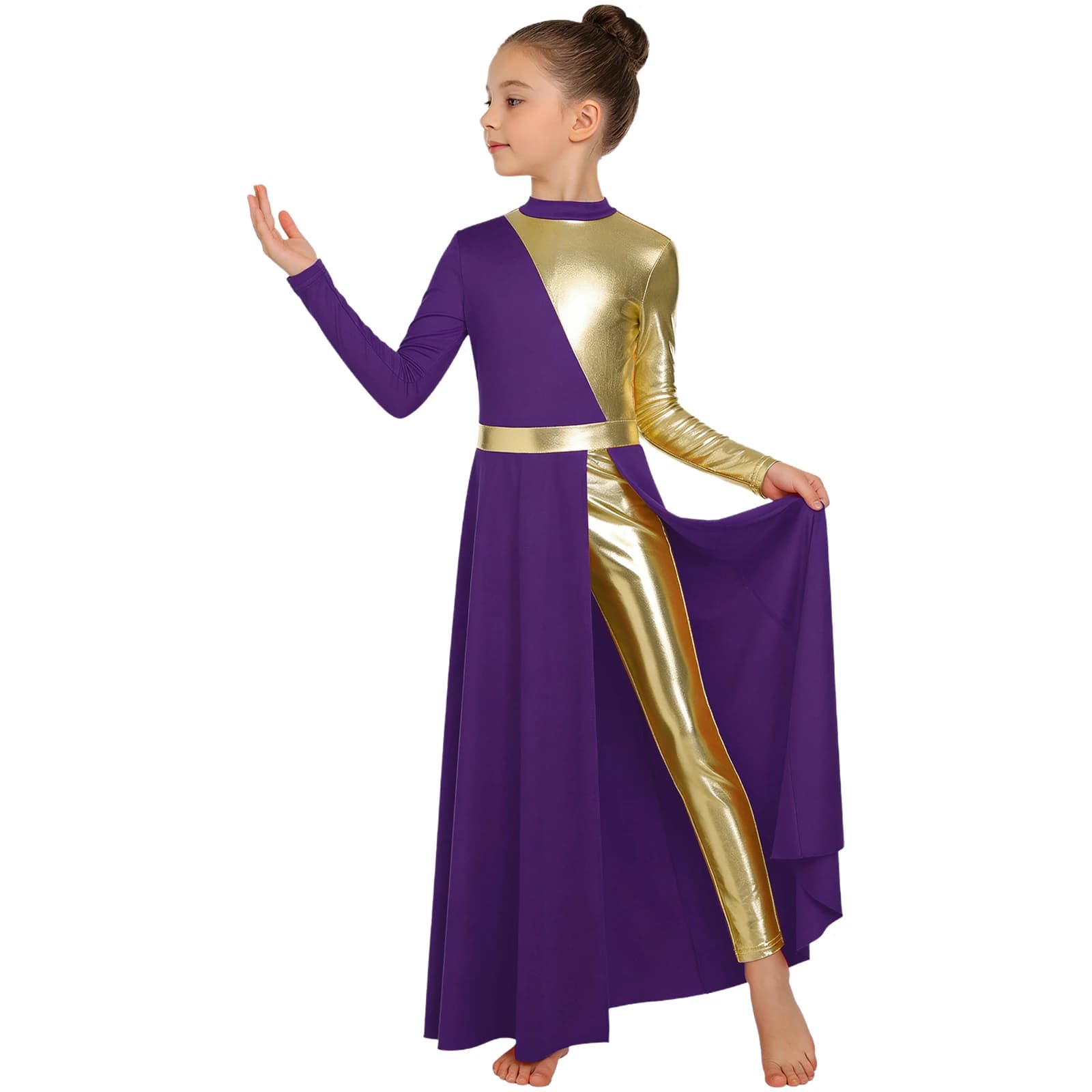 Liturgical dance dress for girls, for church choir, opera and contemporary dance, long sleeves, with slit and integrated leggings