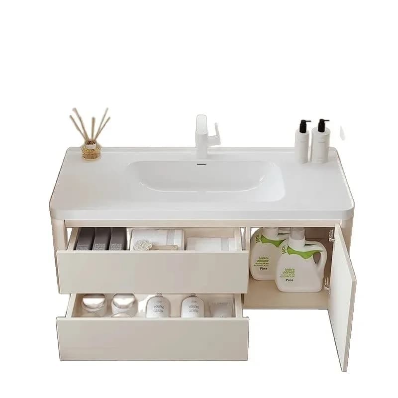 Cream Ceramic Integrated Basin Bathroom Vanity with Smart Mirror Rounded Corner Washstand Cabinet for Modern Toilet
