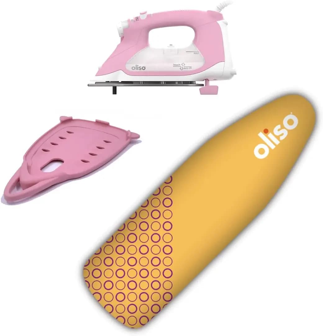 1800 Watt Smart Iron with Auto Lift - Pink, Includes Silicone Soleplate Protector (Pink) & Ironing Board Cover (Yellow)