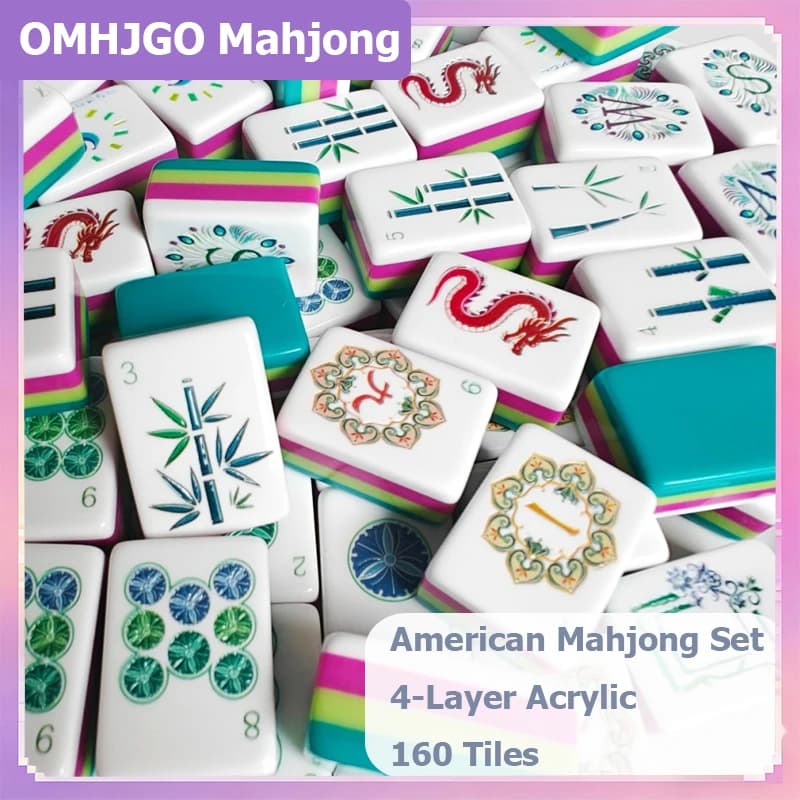 OMHJGO 4 Layer Acrylic Mahjong Tiles Luxury Engraved Lake Blue American Mahjong Sets Portable Mah Jongg Set for Board Game Gifts