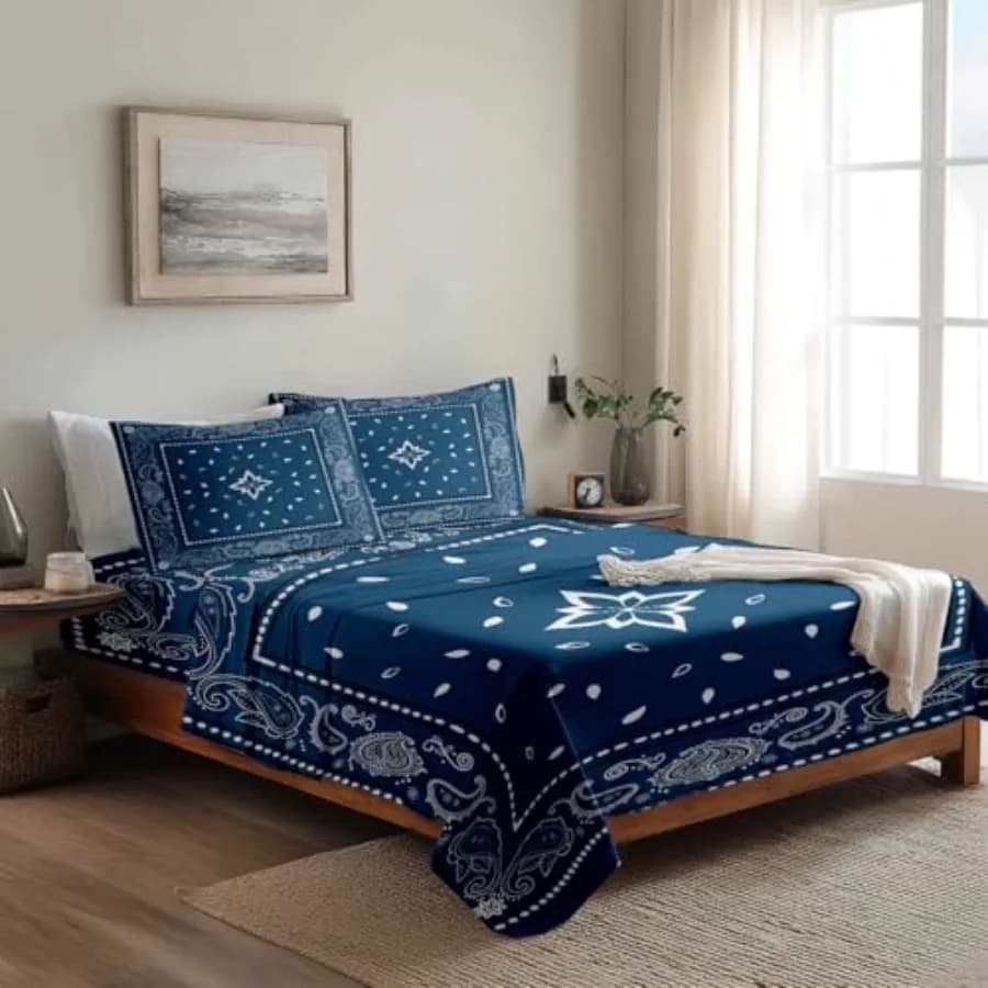 Lenzuola in microfibra morbida blu paisley nere, foulard in seta floreale bandana, set lenzuola rinfrescanti di lusso 4 pezzi con angoli profondi