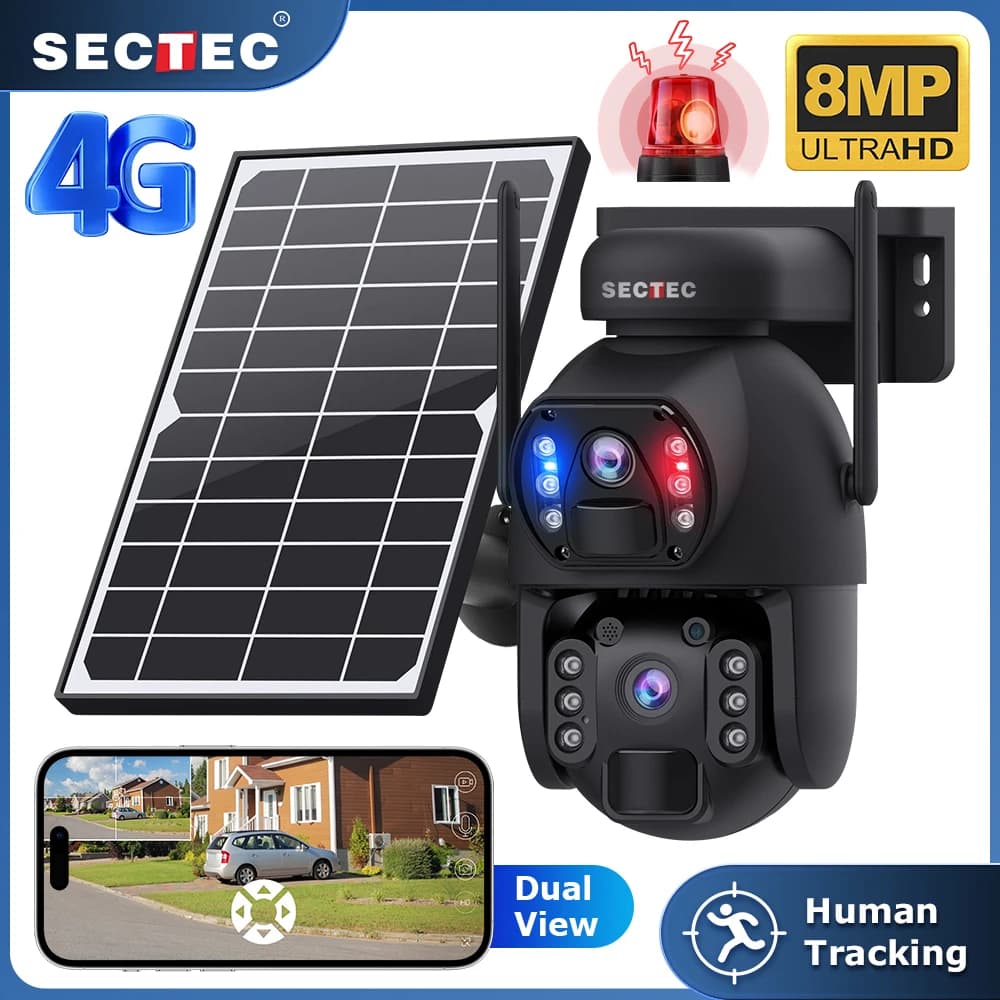 SECTEC Solar Camera 8MP Double Lens 4G/WiFi PTZ External PIR Security Camera Human Detection Color Night Vision