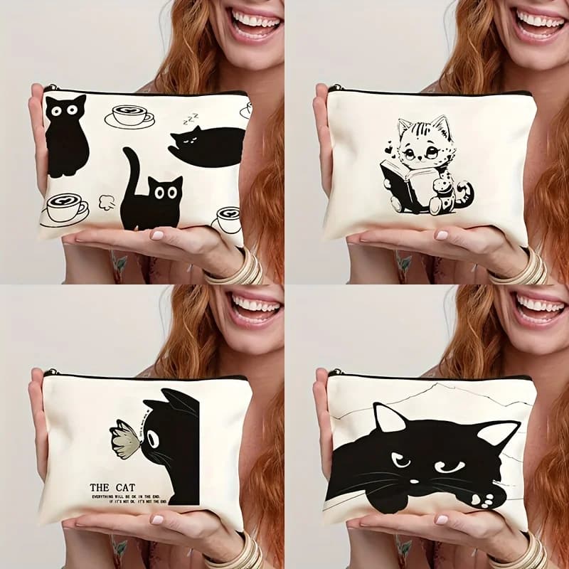 Una borsa per il trucco a tema simpatico gatto: carina custodia multifunzionale con cerniera da donna, borsa per riporre gioielli,