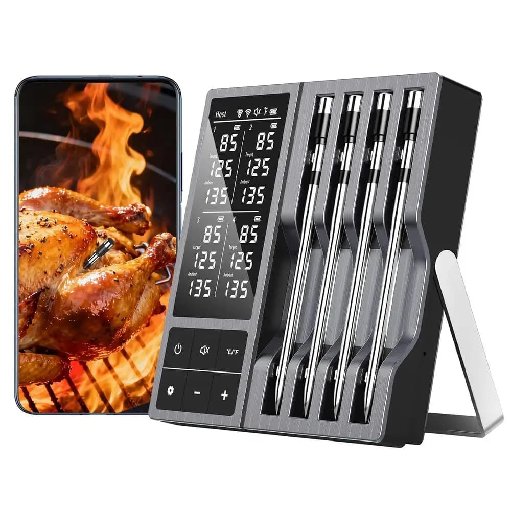Termometro per Carne Wireless con 4 Sonde, Termometro Bluetooth per Griglia e Alimenti, Display Retroilluminato, Lettura in 0,5 Secondi, NIST ±0,5 ° Precisione F per