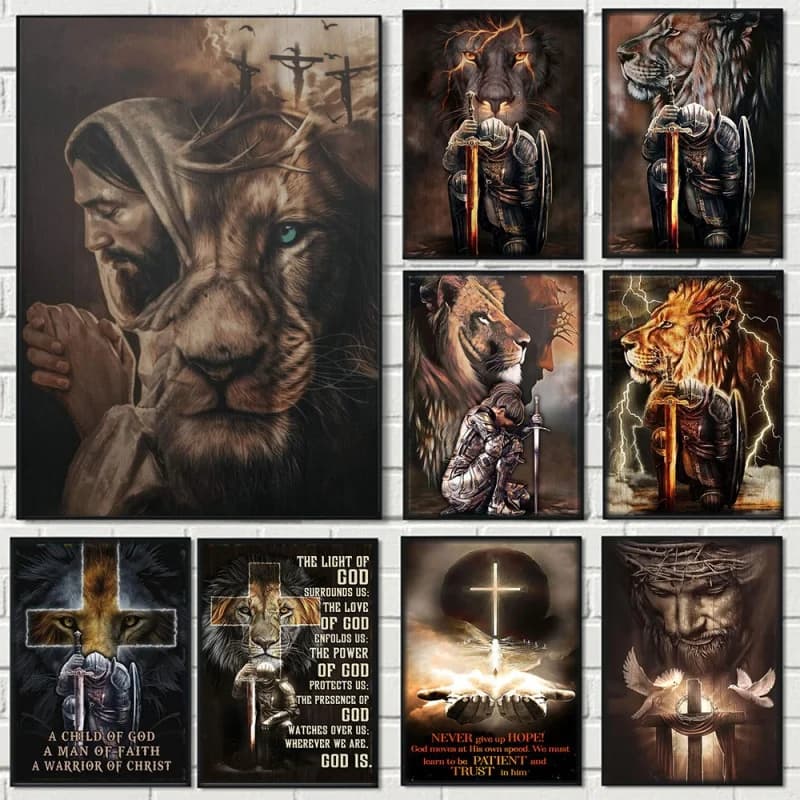 Classic Christian Wall Art Bible Jesus Lion And Warrior Oil On Canvas Posters And Prints Living Room Decoration Gifts