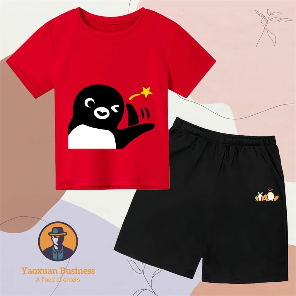 Tuta Sportiva Monocolore per Bambini 2026 con Stampa Anime PINGU, Completo Estivo Due Pezzi - Grande Successo