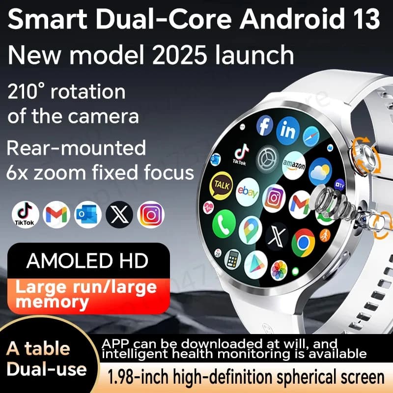 Smartwatch with large 1,98 inch Amoled screen 210 ° Rotating camera GPS location Health monitoring Android 13.0 Smart Watch for Men