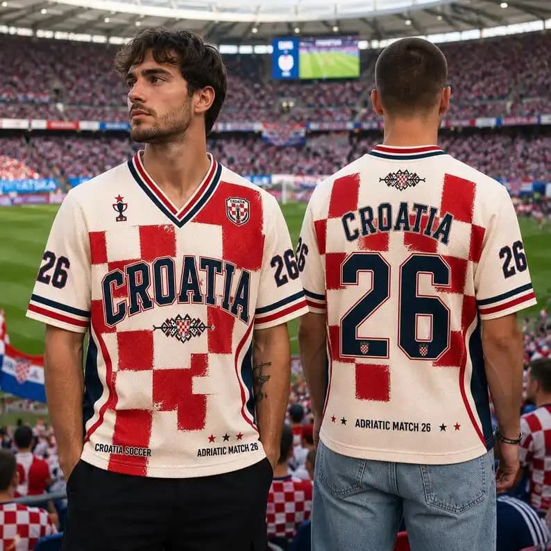 2026 Croatian Checkered Legion Fan Uniform Football Print Breathable V-neck Mesh Football T-shirt Is A Must-have for Fans